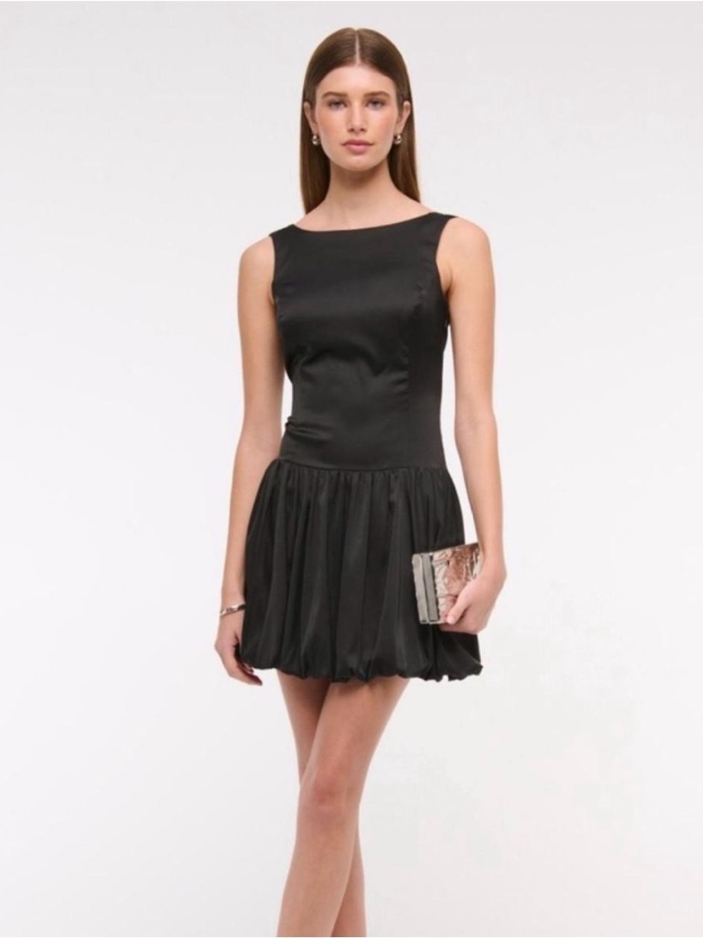 NWT Abercrombie & Fitch Satin High Neck Bubble Hem Mini Dress in Black LT